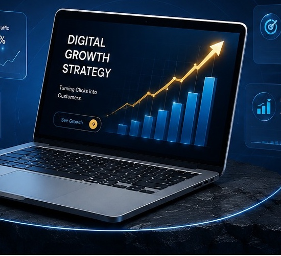Digital marketing growth dashboard shown on a laptop